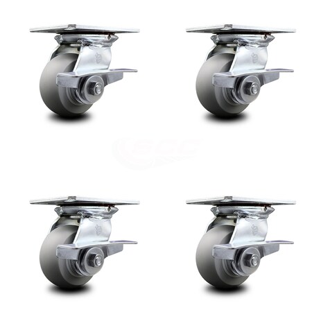 Service Caster 4 Inch Heavy Duty Thermoplastic Caster Set with Roller Bearings and Brakes SCC SCC-35S420-TPRRD-SLB-4